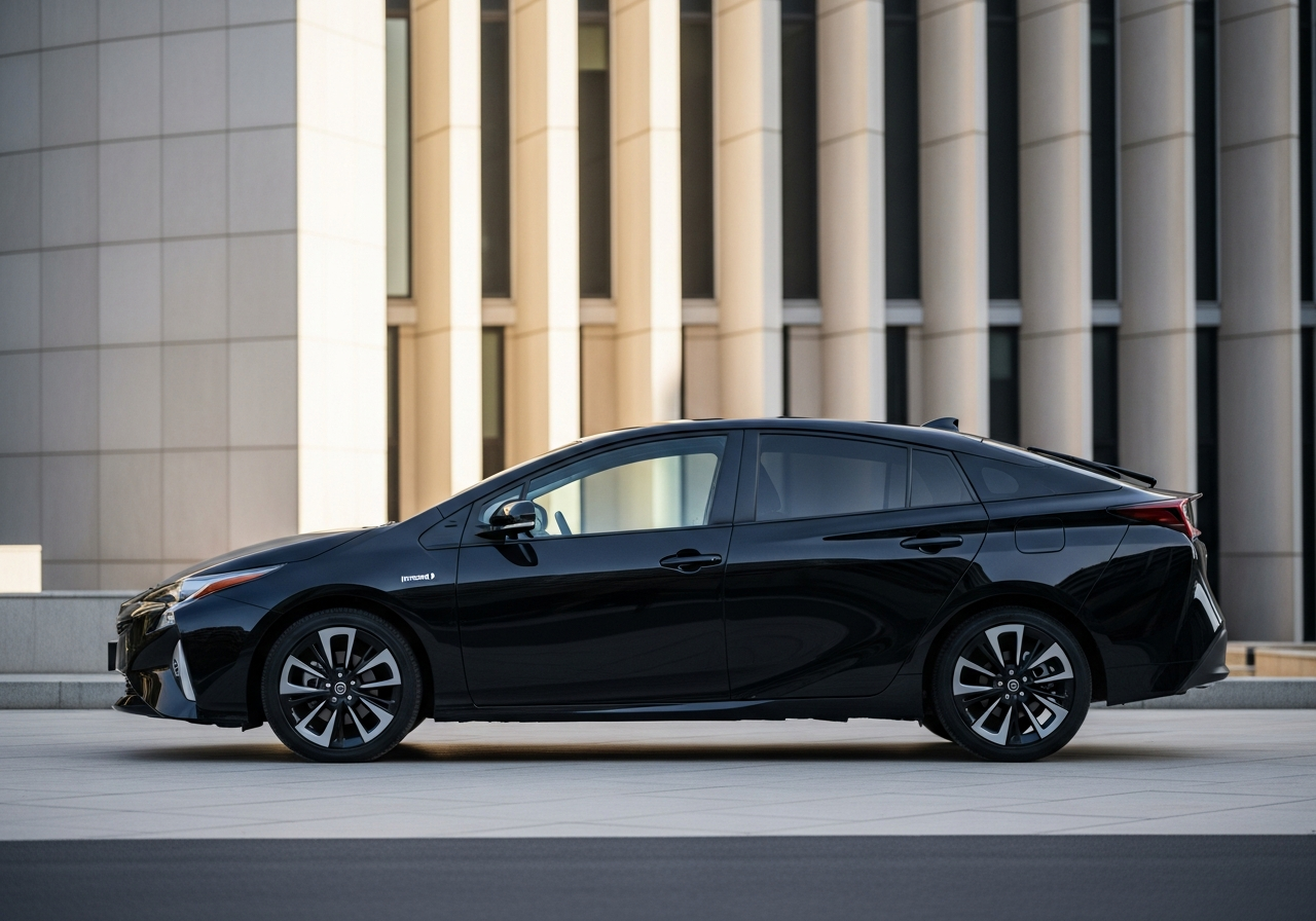 A modern black Toyota Prius G 4WD, a near-new hybrid with all-wheel drive, parked in a contemporary urban setting.